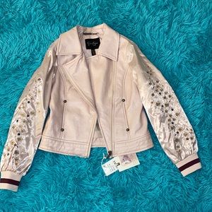 Embroidered Faux-Leather Moto Jacket, Pink